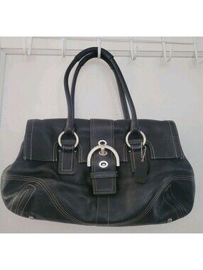 Vintage COACH Soho Flap Satchel Black Leather Purse Bag 8A11 Dust Jacket